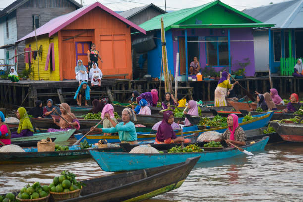 atividades no lok baintan flutuante de mercado - indonésia - kalimantan - fotografias e filmes do acervo