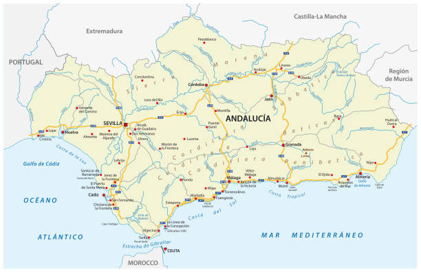 road map of the autonomous community of andalusia, spain road vector map of the autonomous community of andalusia, spain almeria stock illustrations