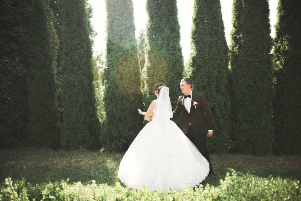 istock Newly married couple running and jumping in park while holding hands 962246934