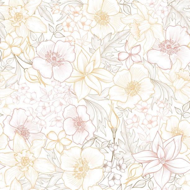 ilustraciones, imágenes clip art, dibujos animados e iconos de stock de patrón transparente floral. fondo de flor. florecer el jardín textura con flores. - summer flower head macro backgrounds