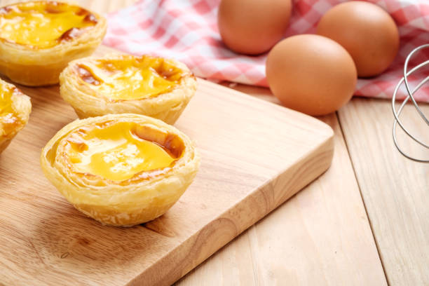 istock Egg tart on wooden plate 962248008