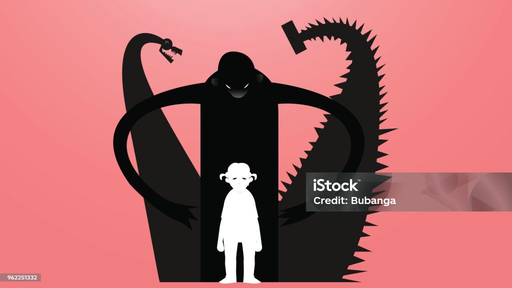 Vector drawing of a sad, depressed girl surrounded by three monsters which are bullying illustration Fear, harassment, sadness and looniness, bullying concept. In Silhouette stock vector