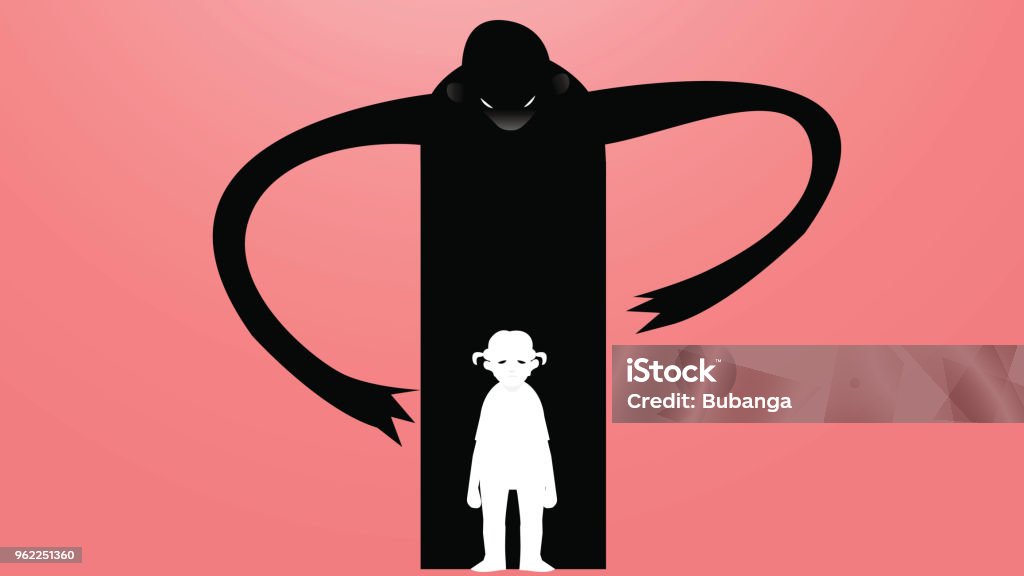 Vector drawing of a sad, depressed girl surrounded by one monster which is bullying illustration Fear, harassment, sadness and looniness, bullying concept. Child stock vector