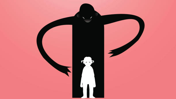 Vector drawing of a sad, depressed girl surrounded by one monster which is bullying illustration Fear, harassment, sadness and looniness, bullying concept. internet silhouettes stock illustrations