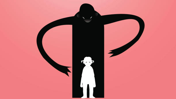 Vector drawing of a sad, depressed girl surrounded by one monster which is bullying illustration Fear, harassment, sadness and looniness, bullying concept. silhouette of bad boy stock illustrations