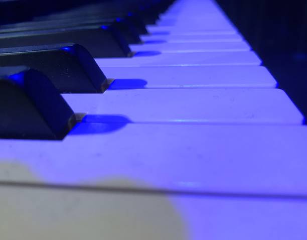 istock Low angle view of electric piano keys in blue lighting 962251382