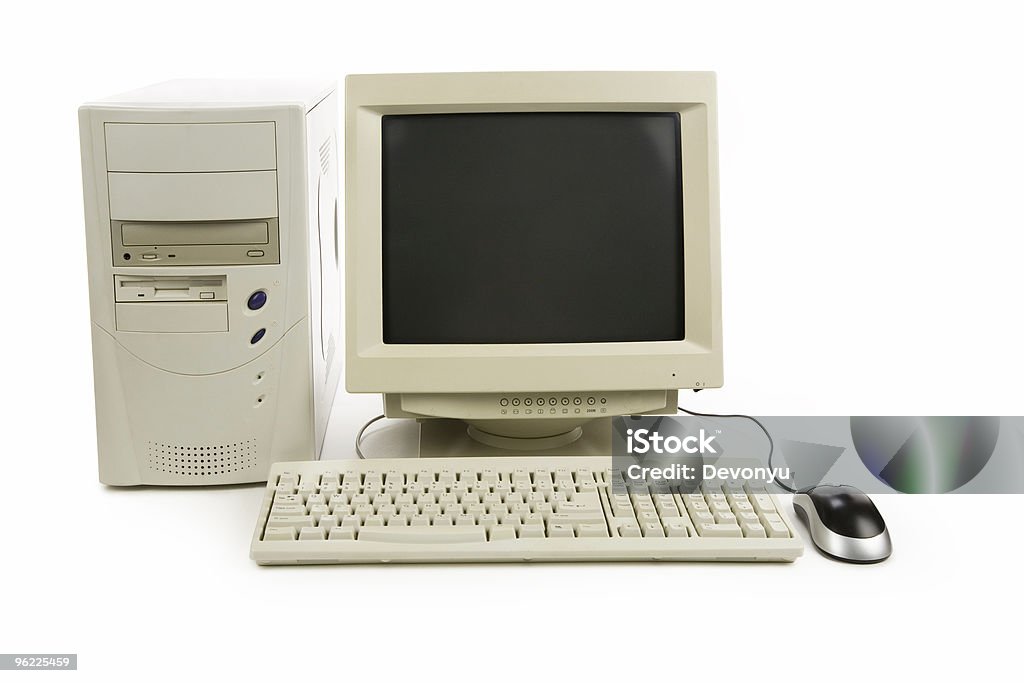 Old desktop computer with mouse Desktop Computer close up shot Old Stock Photo