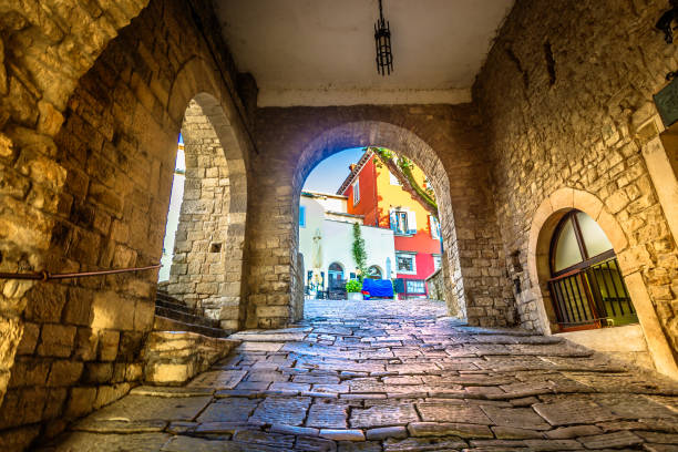 Scenic view at old stone streets in city center of Motovun town, Istria region in Croatia.