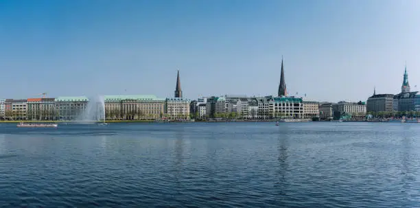 Beautiful panoramic view Alster lake with fountain. Hamburg. Germany
