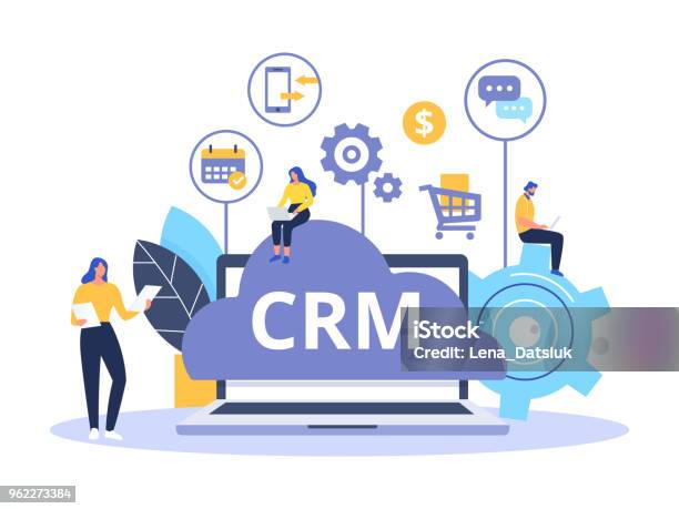 Organization Of Data On Work With Clients Customer Relationship Management Crm Concept Design With Vector Elements Flat Icons Of Accounting System Planning Tasks Support Deal Stock Illustration - Download Image Now