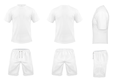 Vector realistic set of white t-shirts with short sleeves and shorts, sportswear, sport uniform for football or rugby isolated on background. Mockup for clothes design, front, rear and side view