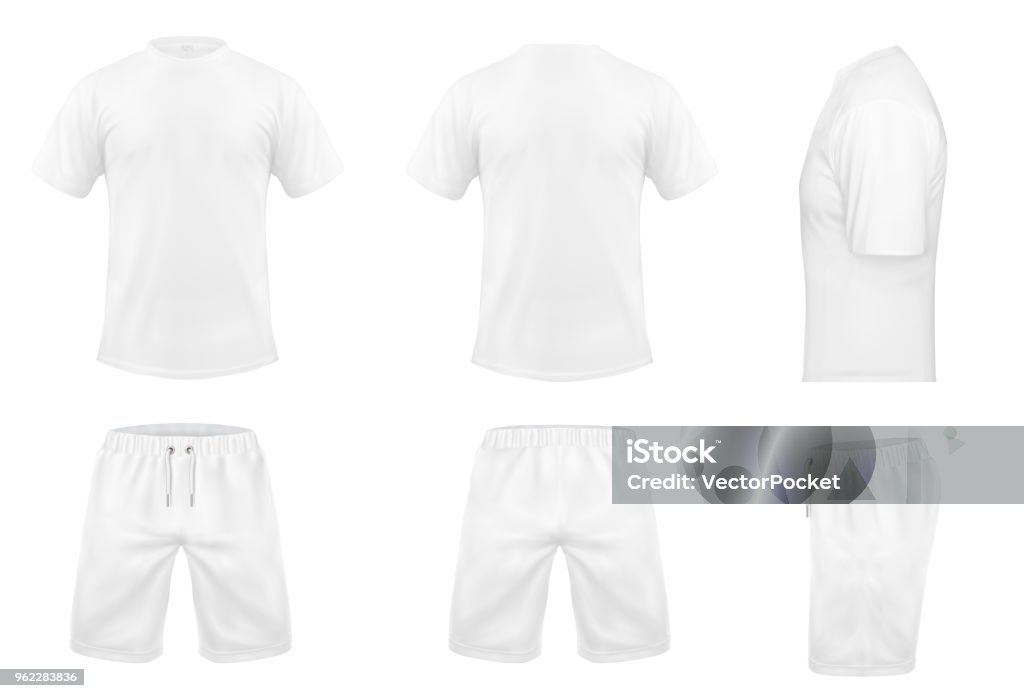 Vector set of white sport t-shirts and shorts Vector realistic set of white t-shirts with short sleeves and shorts, sportswear, sport uniform for football or rugby isolated on background. Mockup for clothes design, front, rear and side view T-Shirt stock vector