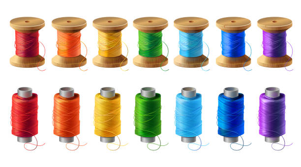 Vector set of colored thread spools for sewing Vector realistic set of wooden and plastic bobbins, spools with colored thread isolated on background. Equipment for sewing, tailoring, accessory for needlework and clothing repair wooden spool stock illustrations