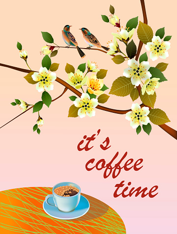 Vector poster with phrase spring all wakes up, flowers sakura blossom. Typography card, image with lettering.  It's coffee time.