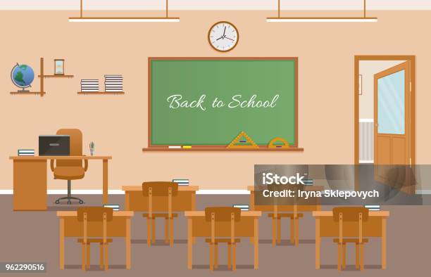 School Class Room Interior Design With Text On Chalkboard School Classroom With Chalkboard Student Desks Stock Illustration - Download Image Now