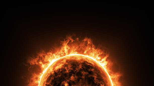 大きな太陽は太陽フレアと表面、黒い背景、地球温暖化の概念上の領域をコピーします。抽象的な科学的な宇宙背景で。 - erupting ストックフォトと画像