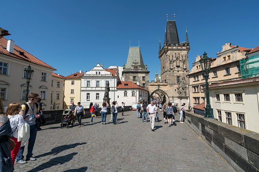 Prague, Czech republic. May 2018.  The view of the Lesser Town Bridge Tower from the Charles Bridge in Prague, Czech Republic