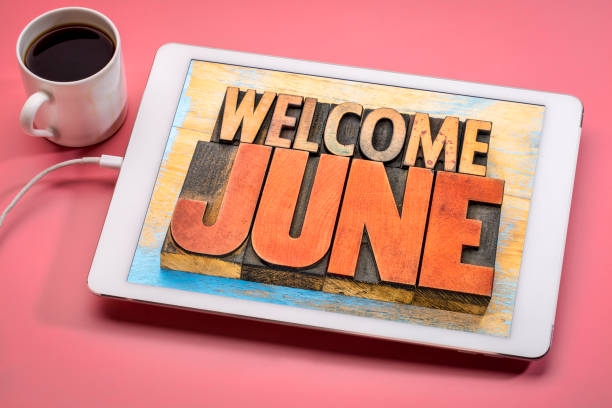 Welcome June word abstract in letterpress wood type Welcome June banner - word abstract in vintage letterpress wood type on a digital tablet with a cup of coffee printing block photos stock pictures, royalty-free photos & images
