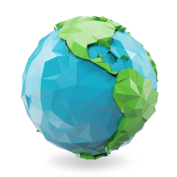 3d illustration polygonal style illustration of earth. low poly earth illustration. polygonal globe icon. - three dimensional shape continents bright blue imagens e fotografias de stock