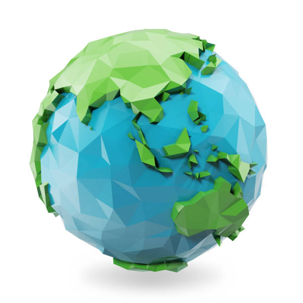 illustrazione 3d rendering low poly earth globe. icona del globo poligonale, stile poli basso - three dimensional shape continents bright blue foto e immagini stock