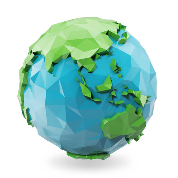 3 d レンダリング低ポリの地球地球のイラスト。多角形の地球のアイコン、低ポリゴン スタイル - three dimensional shape continents bright blue ストックフォトと画像
