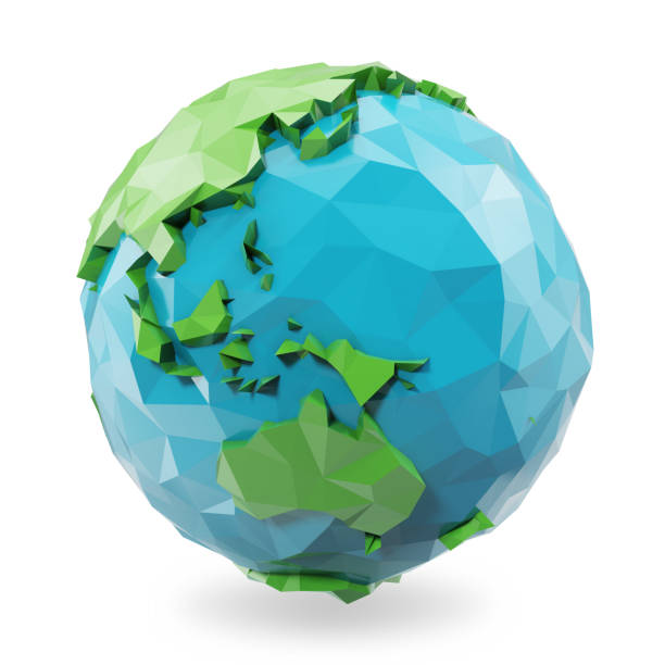 3 d レンダリング低ポリの地球地球のイラスト。多角形の地球のアイコン、低ポリゴン スタイル - three dimensional shape continents bright blue ストックフォトと画像