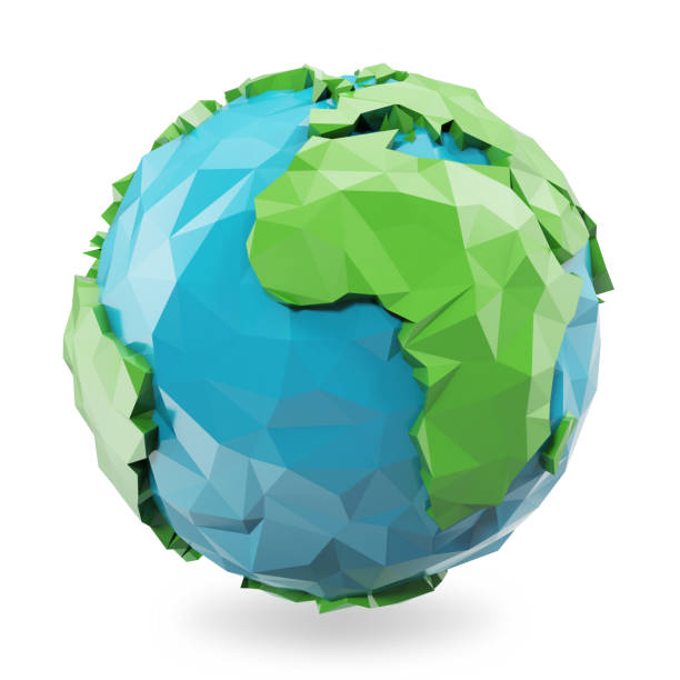 3d illustration polygonal style illustration of earth. low poly earth illustration. polygonal globe icon. - three dimensional shape continents bright blue imagens e fotografias de stock