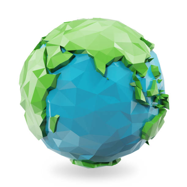 illustrazione 3d rendering low poly earth globe. icona del globo poligonale, stile poli basso - three dimensional shape continents bright blue foto e immagini stock