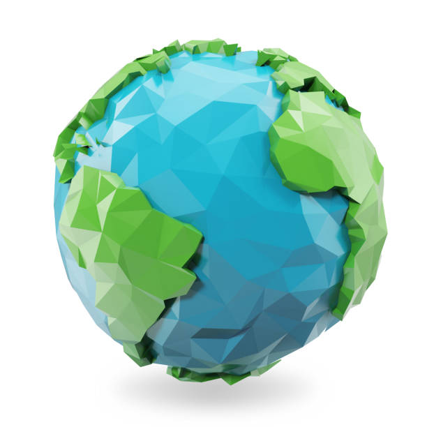 3d rendering low poly earth globe illustration. polygonal globe icon, low poly style - three dimensional shape continents bright blue imagens e fotografias de stock