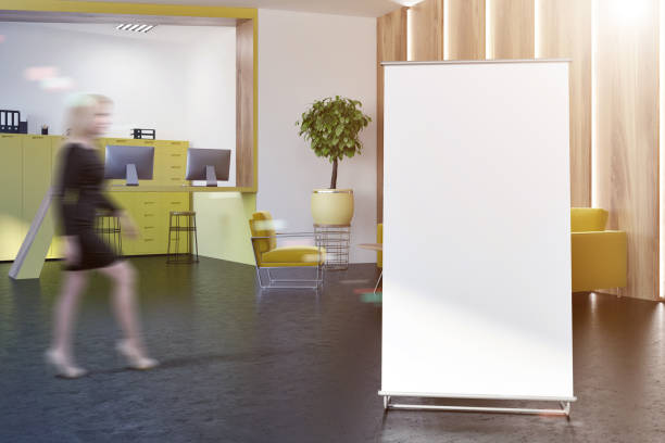 istock Yellow stylish office interior, poster, woman 962320944