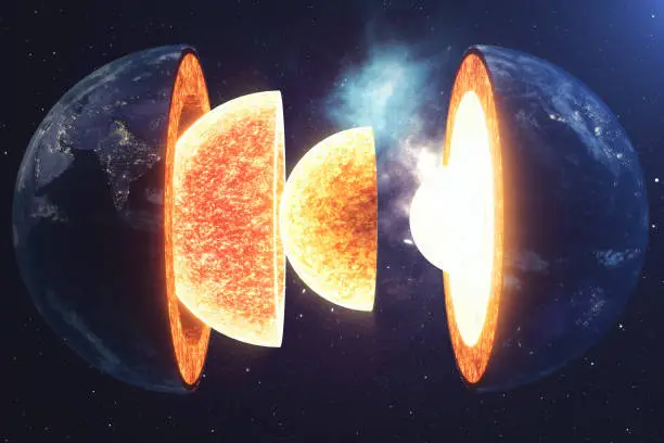 Structure core Earth. Structure layers of the earth. The structure of the earth's crust. Earth cross section in space view. Elements of this image furnished by NASA. 3D rendering