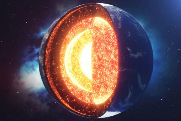 Structure core Earth. Structure layers of the earth. The structure of the earth's crust. Earth cross section in space view. Elements of this image furnished by NASA. 3D rendering