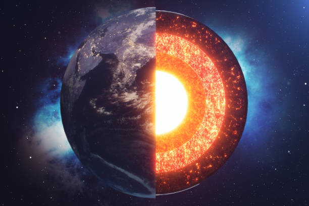 structure core earth. structure layers of the earth. the structure of the earth's crust. earth cross section in space view. elements of this image furnished by nasa. 3d rendering - em camadas imagens e fotografias de stock