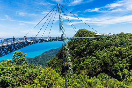 Modern construction - Sky bridge on Langkawi island. Adventure holiday. Tourist attraction of Malaysia. Travel concept.
