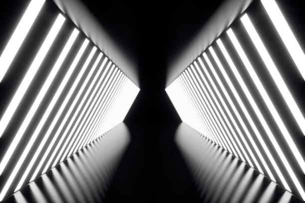 istock 3D rendering abstrac futuristic dark corridor with neon lights. Glowing light. Futuristic architecture background 962326118