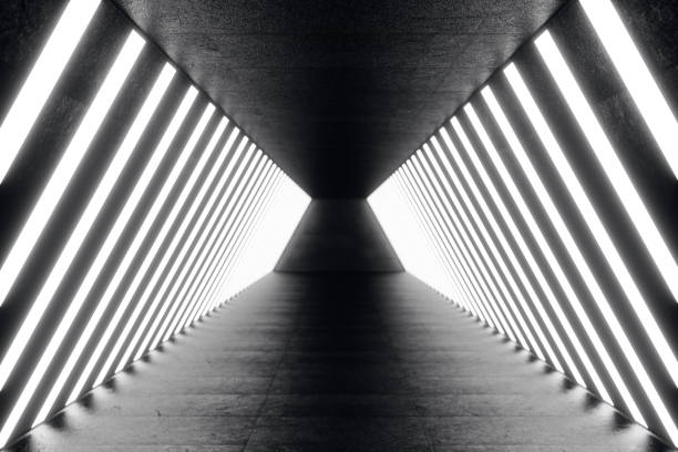 istock 3D rendering abstrac futuristic dark corridor with neon lights. Glowing light. Futuristic architecture background 962326132