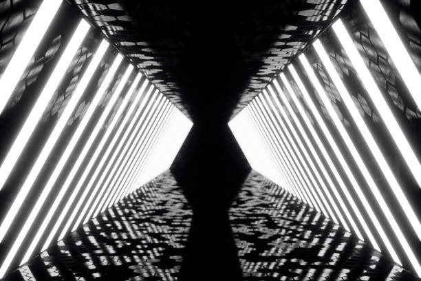 istock 3D rendering abstrac futuristic dark corridor with neon lights. Glowing light. Futuristic architecture background 962326138