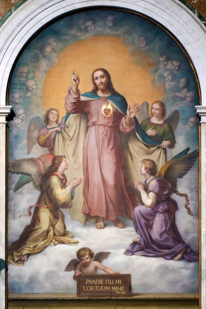 Rome, Italy - May 12, 2018: basilica del Sacro Cuore built between 1878 - 1887.  Close up on the major altar of the church in which is placed the painting of Jesus just as He appeared to the saint Margherita Alacoque in 1687. The painter was Francesco de Rohden (born 1817- died 1903) and he painted it before 1887 when the church was consecrated.