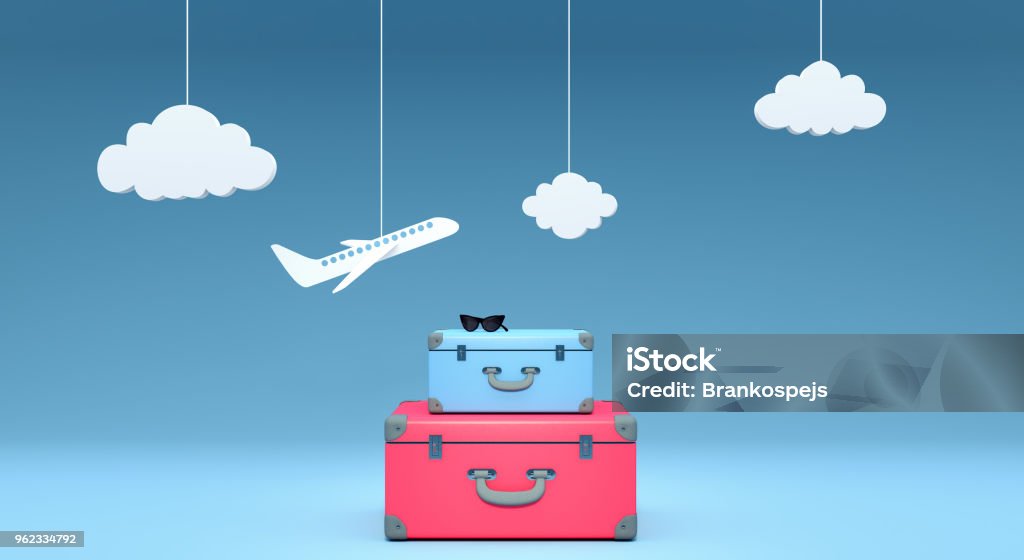 travel concept on blue background 3D rendering travel concept on blue background 3D rendering 3d illustration Suitcase Stock Photo