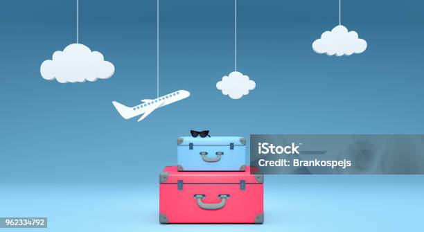 Travel Concept On Blue Background 3d Rendering Stock Photo - Download Image Now - Suitcase, Travel, Luggage