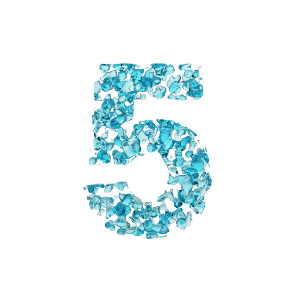 Alphabet number 5. Liquid font made of blue water drops. 3D render isolated on white background. Typographic symbol from fresh aqua.