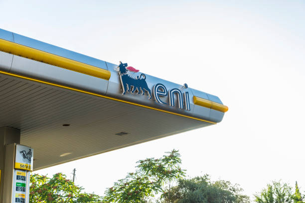 Sicily, Italy - August 19, 2017: Logo of the oil company Eni in one of its gas stations in Sicily, Italy