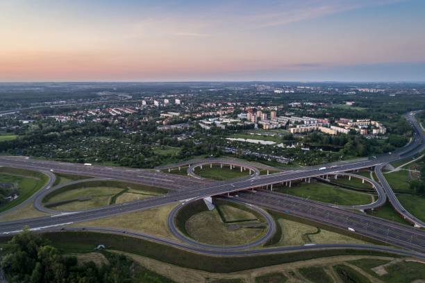 istock Aerial drone view on highway junction. 962340158