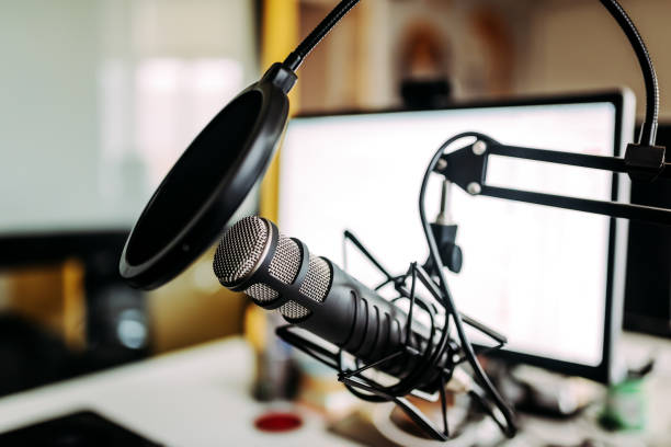 istock Close-up image of microphone in radiostation. 962343634