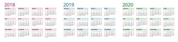 Vector illustration of Simple Calendar template for 2018, 2019 and 2020. Week starts from Sunday. Flat style color vector illustration. Yearly calendar template. Portrait Orientation. Set of 12 Months.