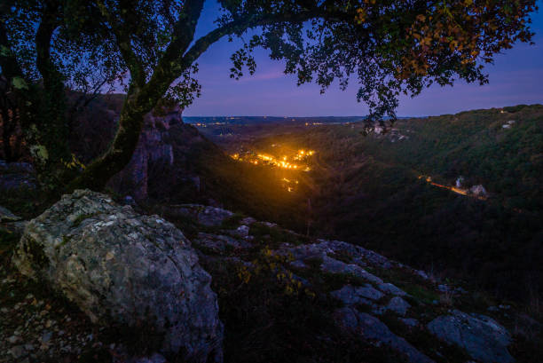 Valley of Autoire at night in the Causses du Quercy region in France stock photo