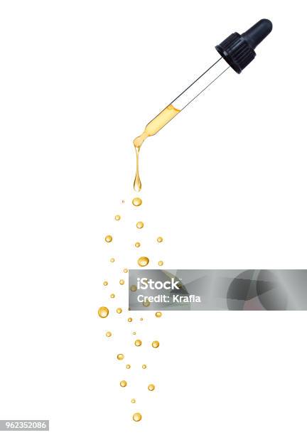 Closeup Of Dropper With Falling Drops Isolated On White Background Stock Photo - Download Image Now