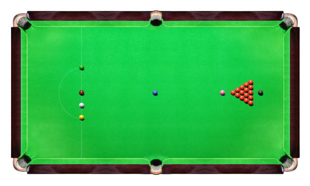 istock Snooker table with Multicolor snooker balls on green top view 962354036