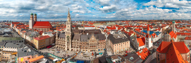 Aerial panoramic view of Old Town, Munich, Germany Aerial panoramic view of Frauenkirche, Marienplatz Town hall and Old Town Hall in Munich, Bavaria, Germany munich cathedral photos stock pictures, royalty-free photos & images