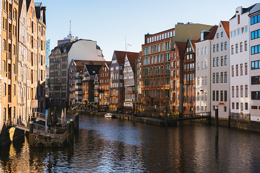 The Nikolaifleet, a canal in the old town Altstadt of Hamburg, Germany. One of the oldest parts of the Hamburg port